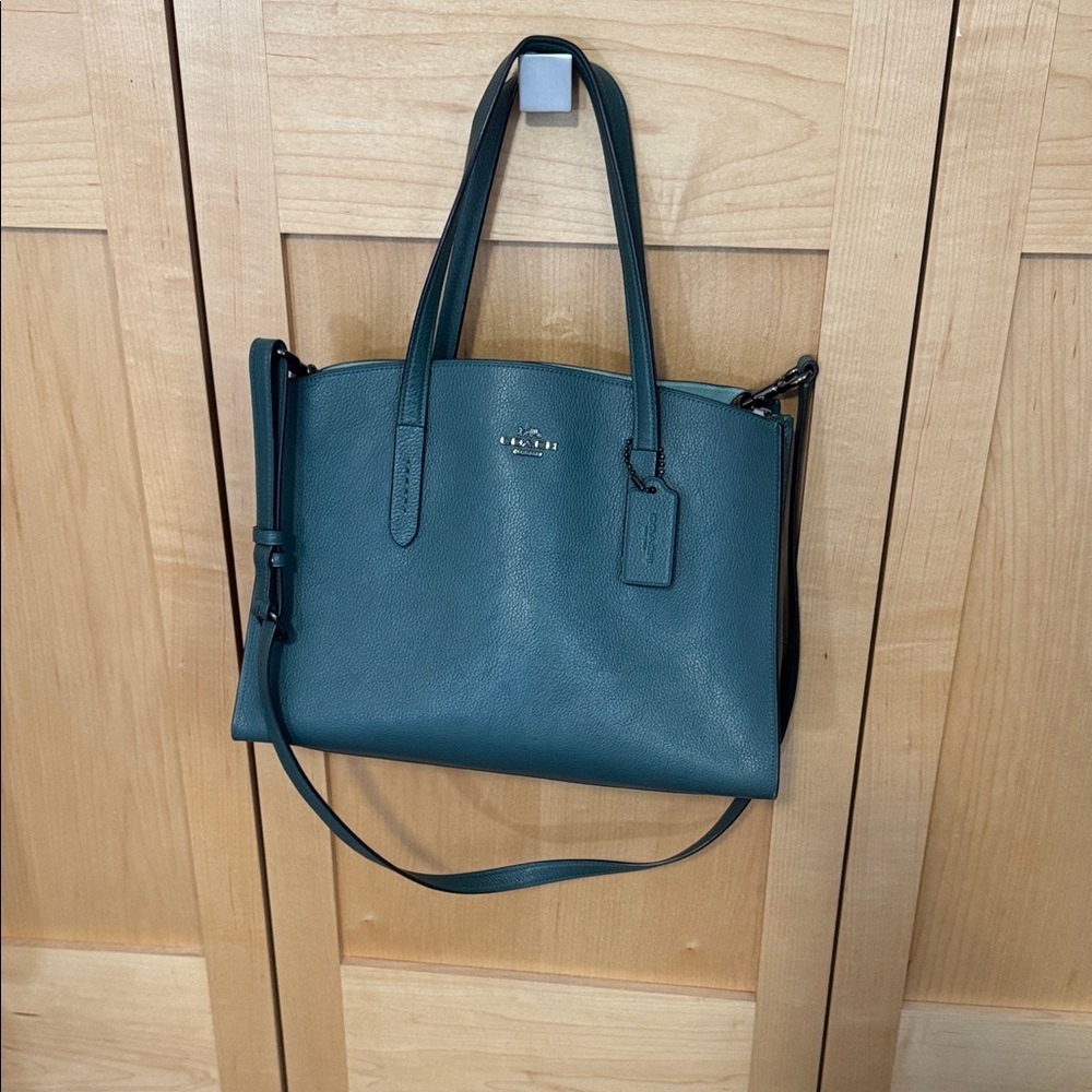 Coach Pebbled Leather Shoulder Tote in Teal Green